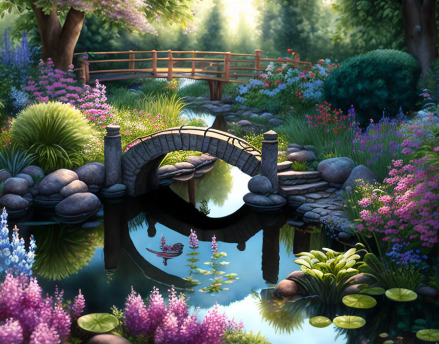 Tranquil garden with stone bridge over calm pond and lush vegetation