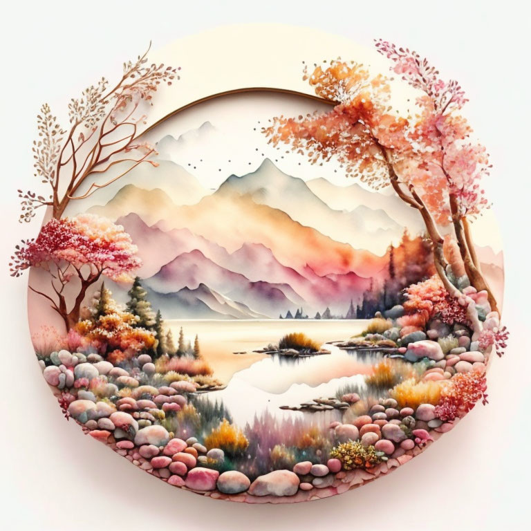 Serene circular landscape painting with colorful trees and misty mountains.