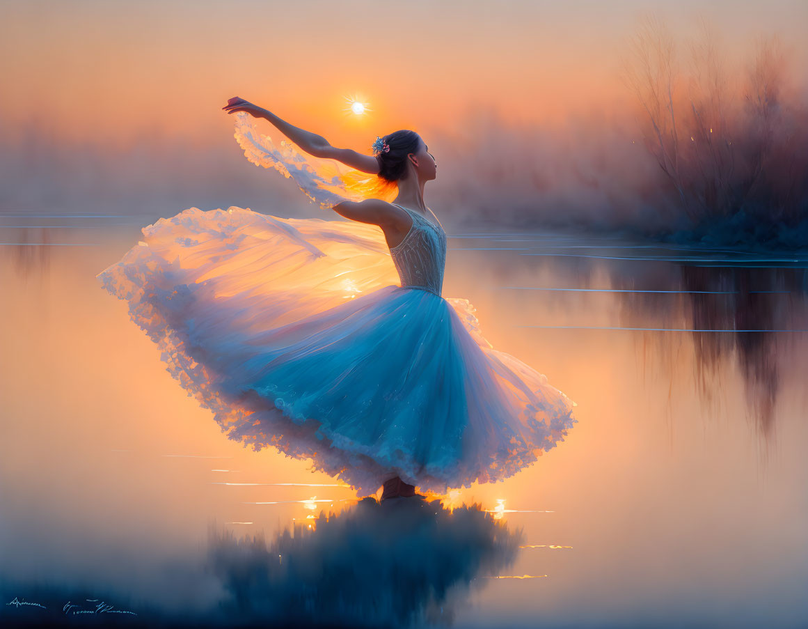 Ballerina in blue dress en pointe by serene lake at sunset