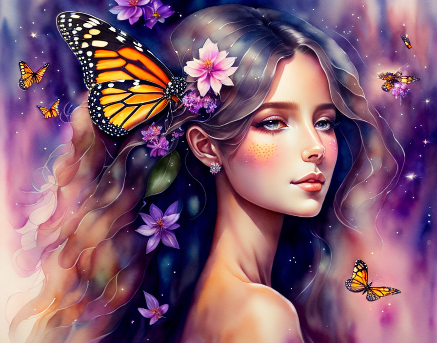 Colorful digital art: Woman with flowers and butterflies