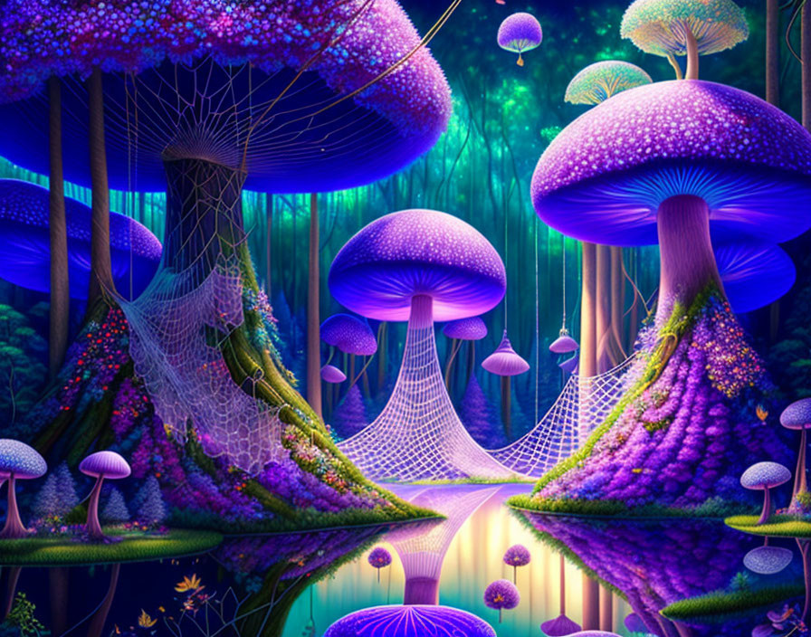 Enchanting fantasy forest with oversized purple mushrooms and cobweb-like structures