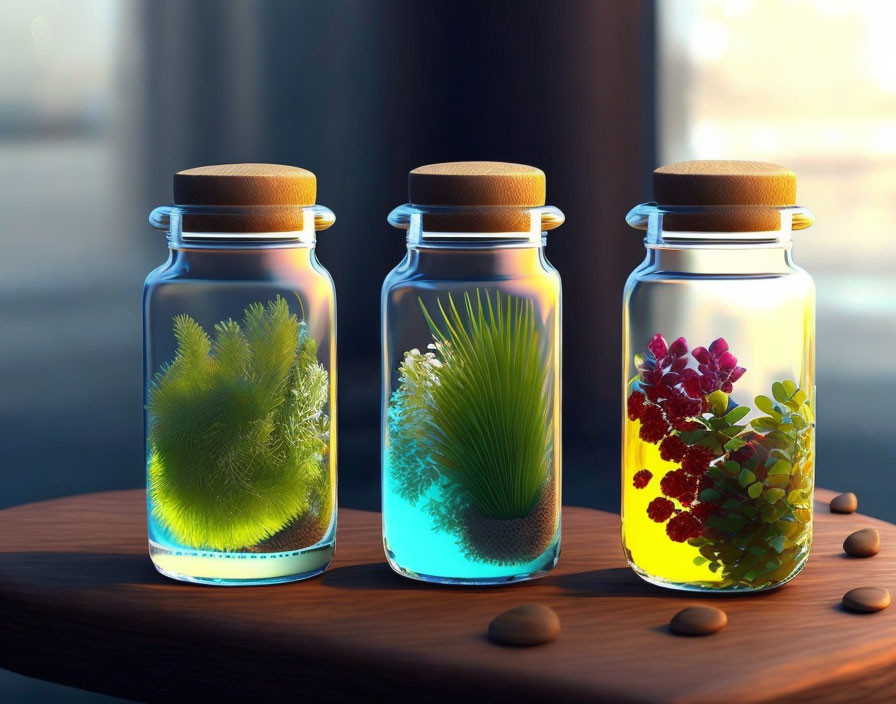 Glass jars with cork lids and colorful plants in liquid on wooden surface