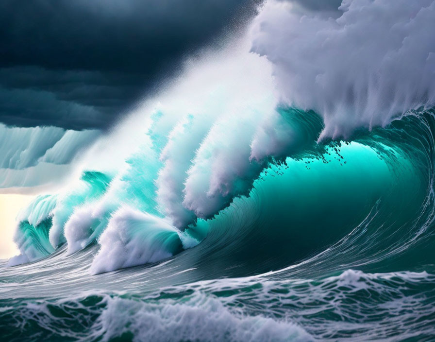 Towering Aqua Wave About to Crash in Stormy Sky