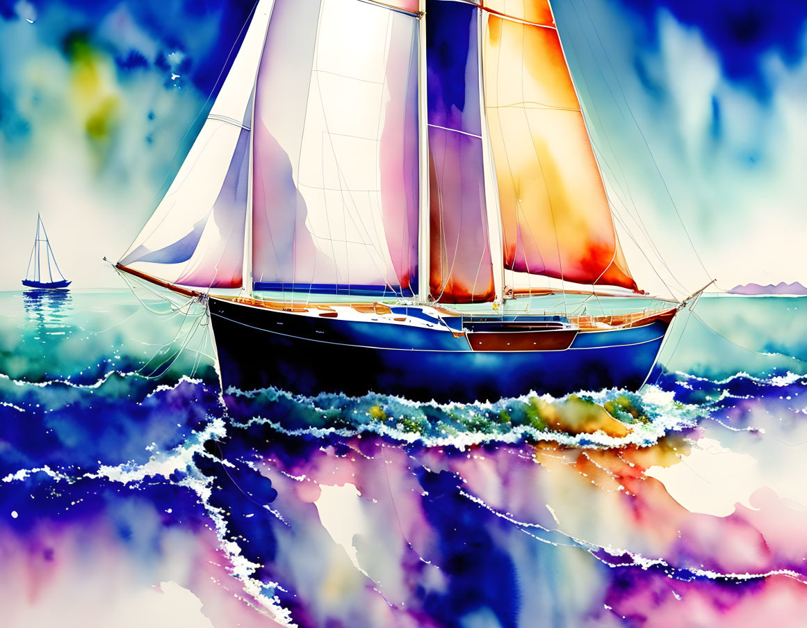 Colorful watercolor painting of sailboat on dynamic sea.