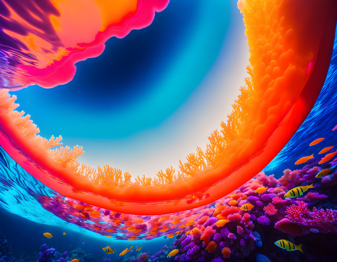 Colorful Coral Formations and Tropical Fish in Vibrant Underwater Scene