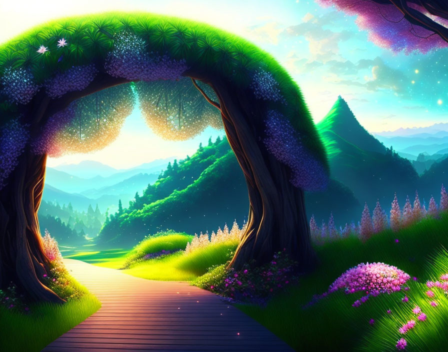 Fantastical landscape with wooden pathway and glowing flowers at dusk