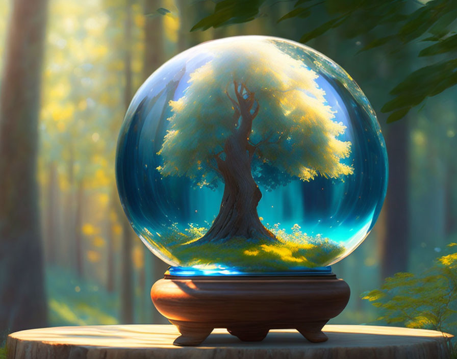 Vibrant tree in golden light reflected in crystal ball on wooden stand