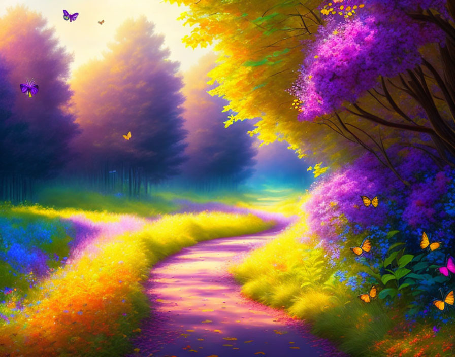 Colorful Forest Path with Butterflies and Flowers in Sunlit Horizon