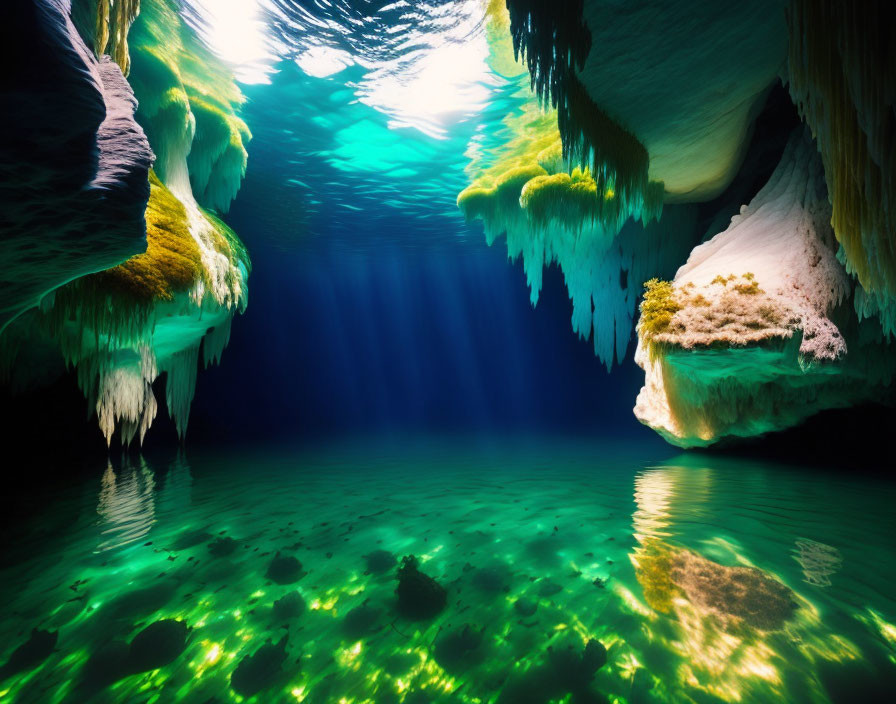 Sunlit underwater cave with vibrant green water and intricate rock formations