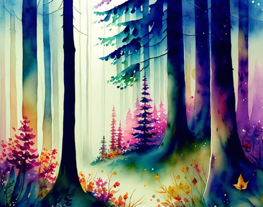 Vibrant Watercolor Painting of Whimsical Forest