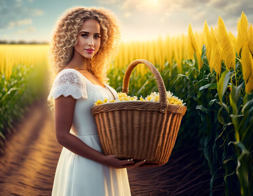 Woman in white dress with flower-filled basket in cornfield at sunset