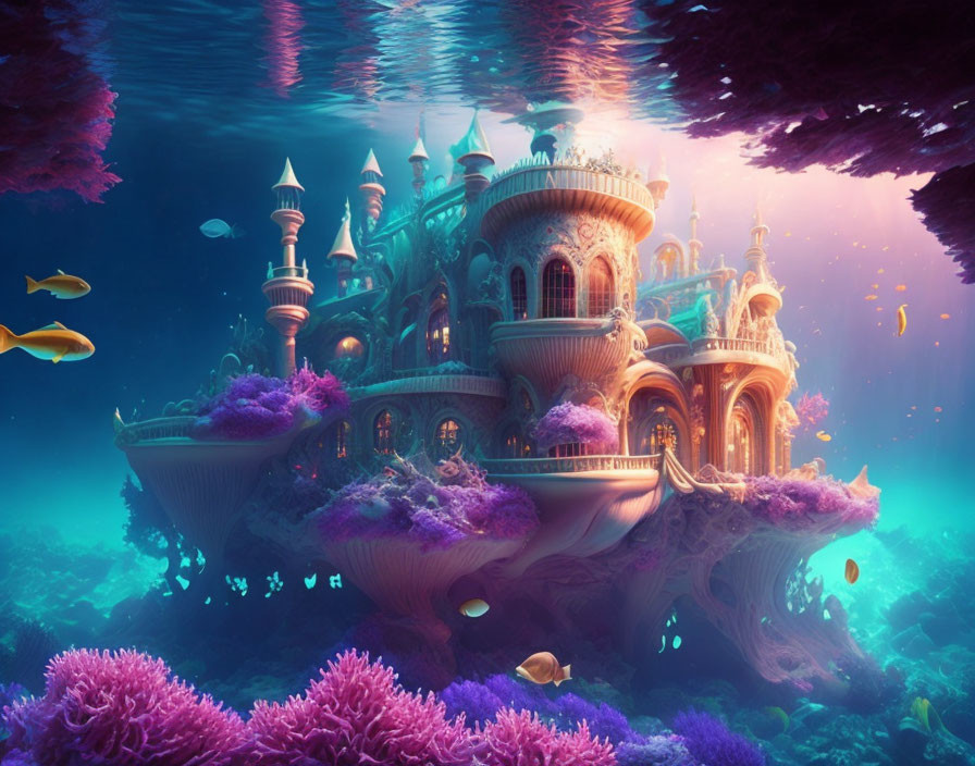 Colorful Coral and Fish Surround Fantastical Underwater Castle