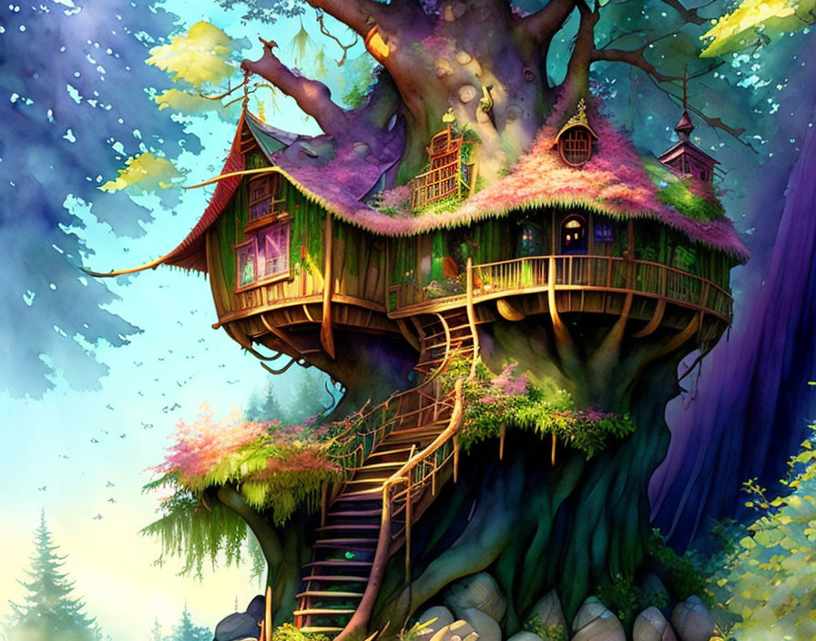 Enchanting Treehouse with Green Foliage and Twilight Sky