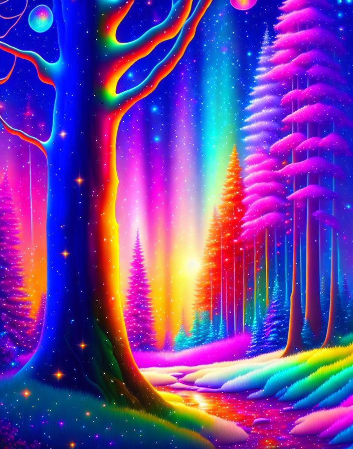 Fantasy forest with neon lights, glowing trees, and colorful sky