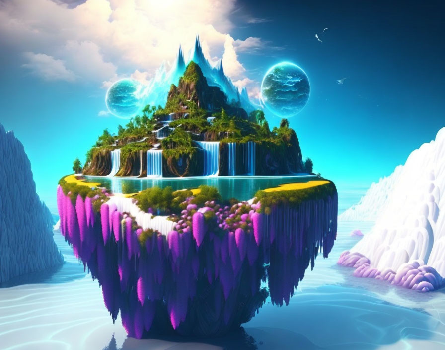 Lush floating island with waterfalls, moons, and icy peaks