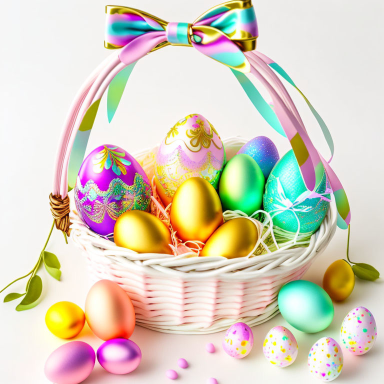 Colorful Easter Basket with Decorated Eggs and Bow on White Background