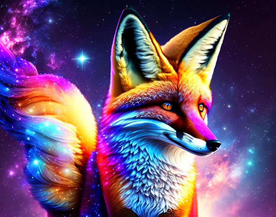 Colorful Fox Illustration with Cosmic Background