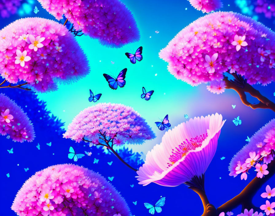 Whimsical digital art: Pink trees, blue butterflies on luminous background