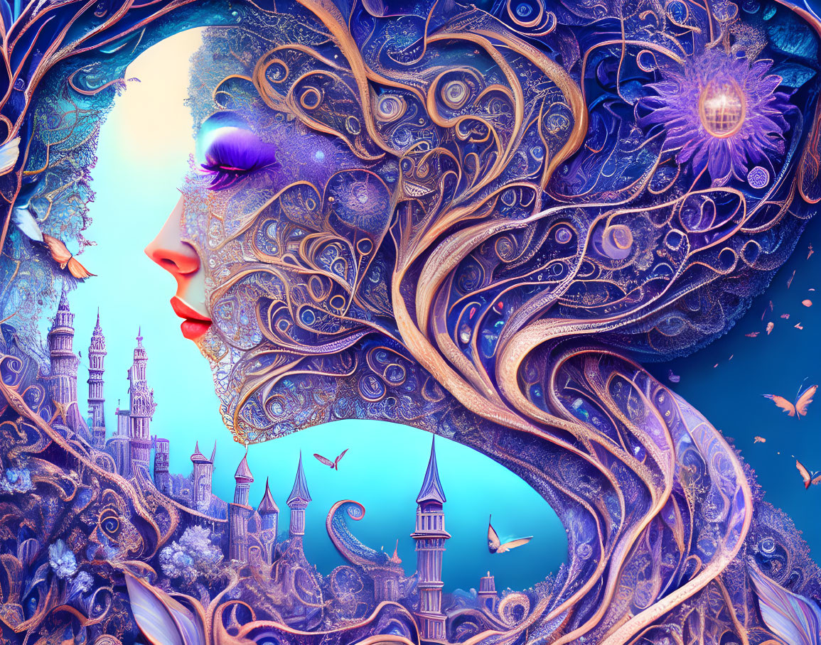 Fantasy art of woman with filigree hair, castle, butterflies, blue tones