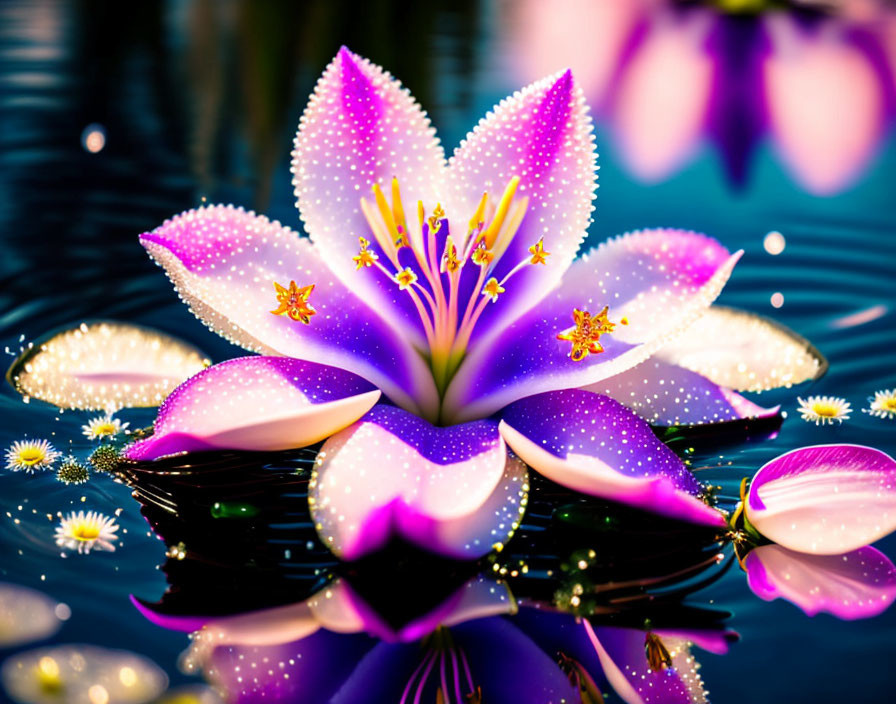 Colorful digital artwork: Purple and white lotus flower with dewdrops on water, surrounded by stars