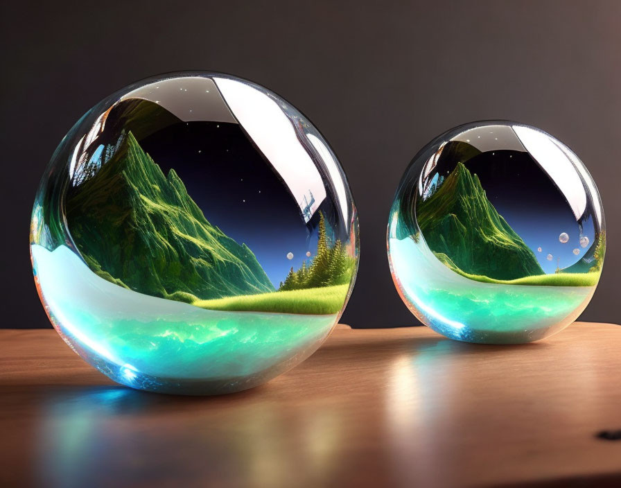 Crystal balls on wooden surface reflecting lush landscape and starry sky