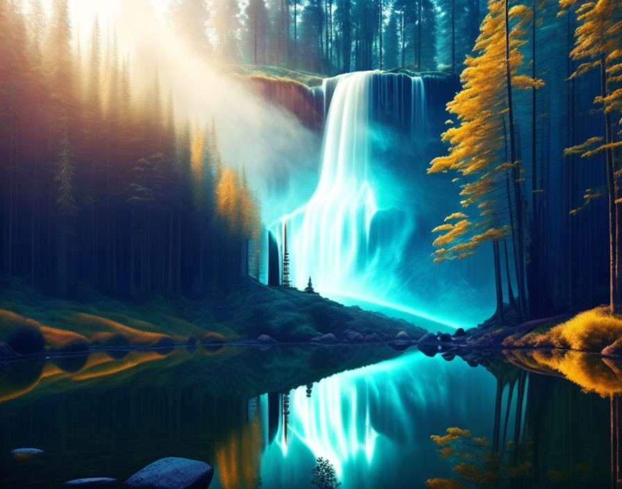 Sunlit Waterfall in Pine Forest with Yellow Foliage