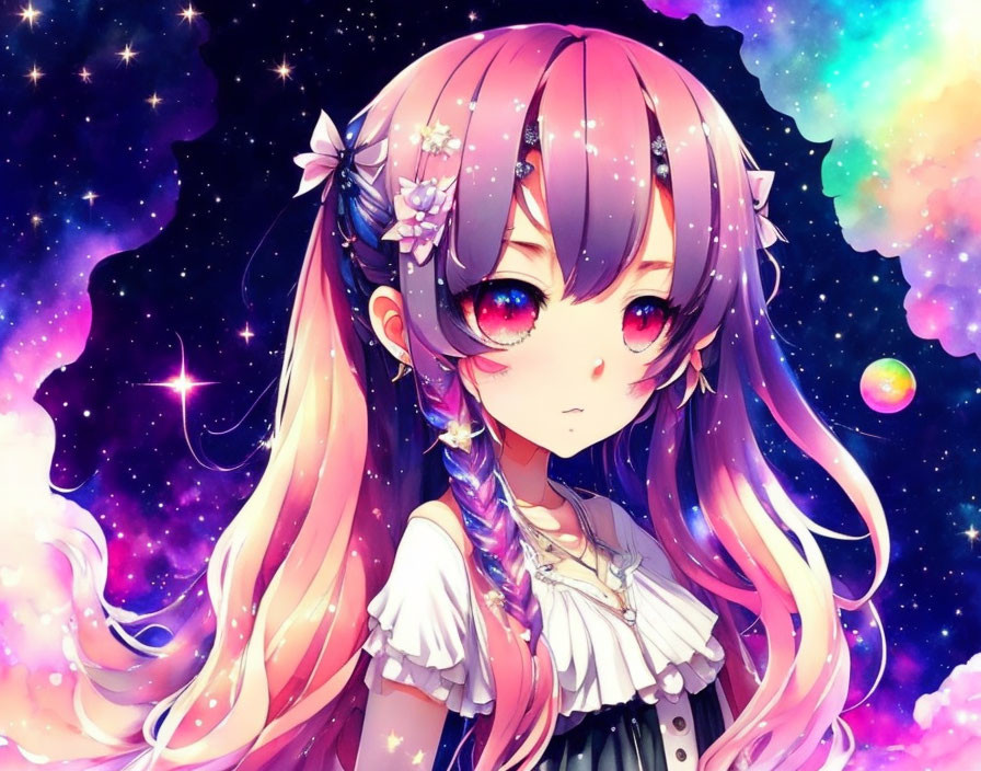 Purple-haired anime girl in cosmic setting with red eyes