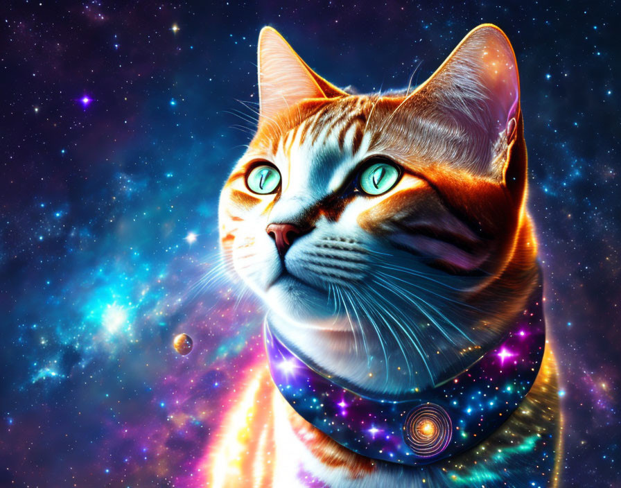 Colorful Space-Themed Cat Artwork with Cosmic Collar & Green Eyes