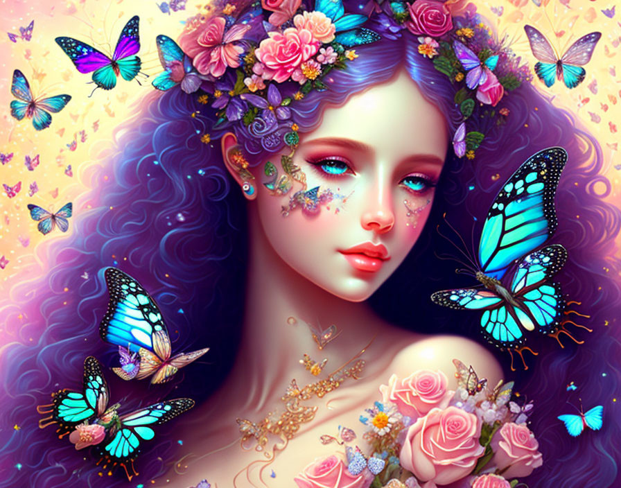 Fantasy-themed illustration of woman with purple hair, flowers, and butterflies