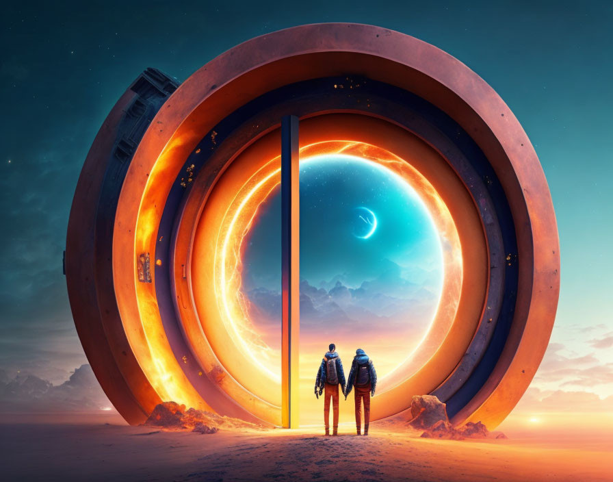 Astronauts in front of luminous ring portal on alien landscape