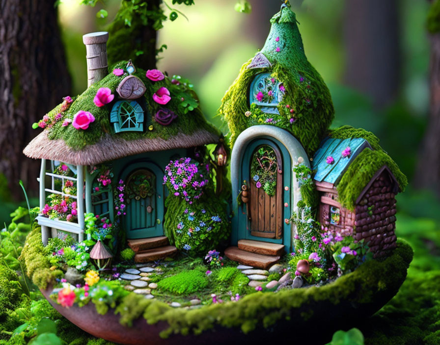 Miniature fairy tale house with moss-covered roof and vibrant flowers in forest setting