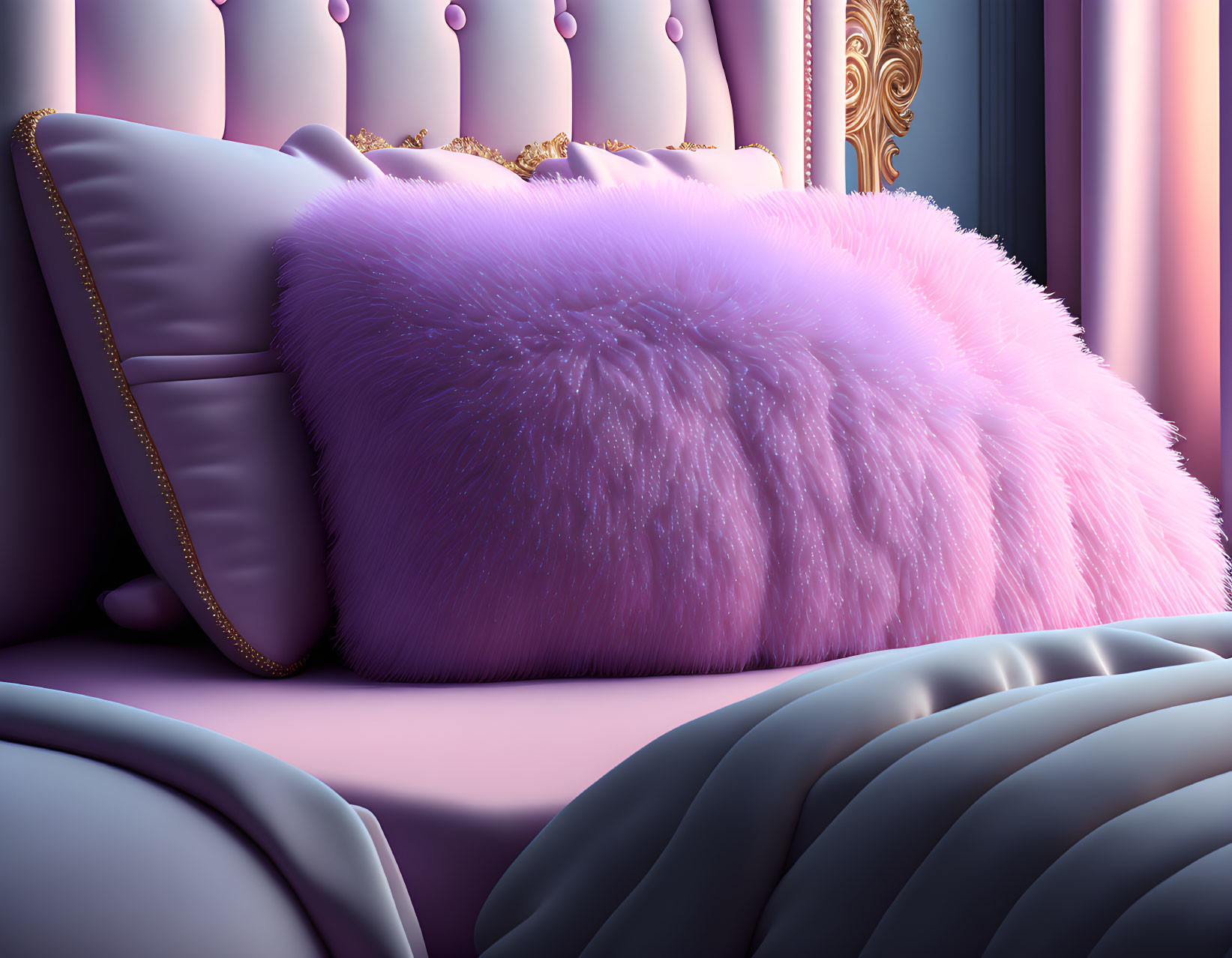 Elegant violet bedroom with plush fur pillow and button-tufted headboard