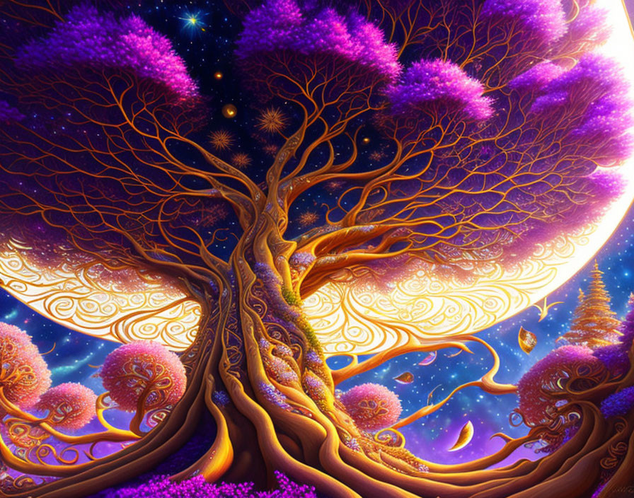 Fantastical tree with purple foliage and golden patterns under starry sky