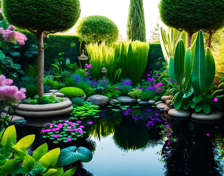 Tranquil garden with topiary, flowers, stepping stones, and pond