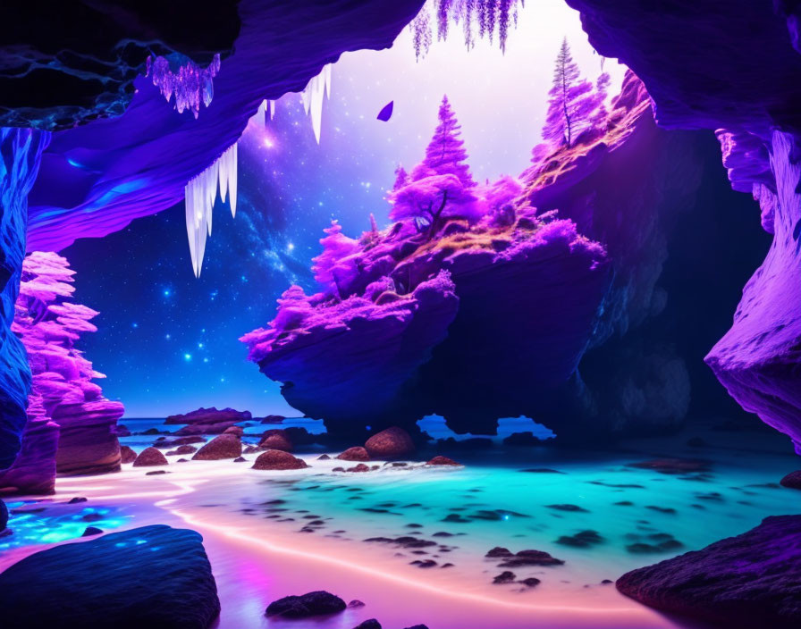 Vibrant cave scene with purple foliage, turquoise water, and starry sky