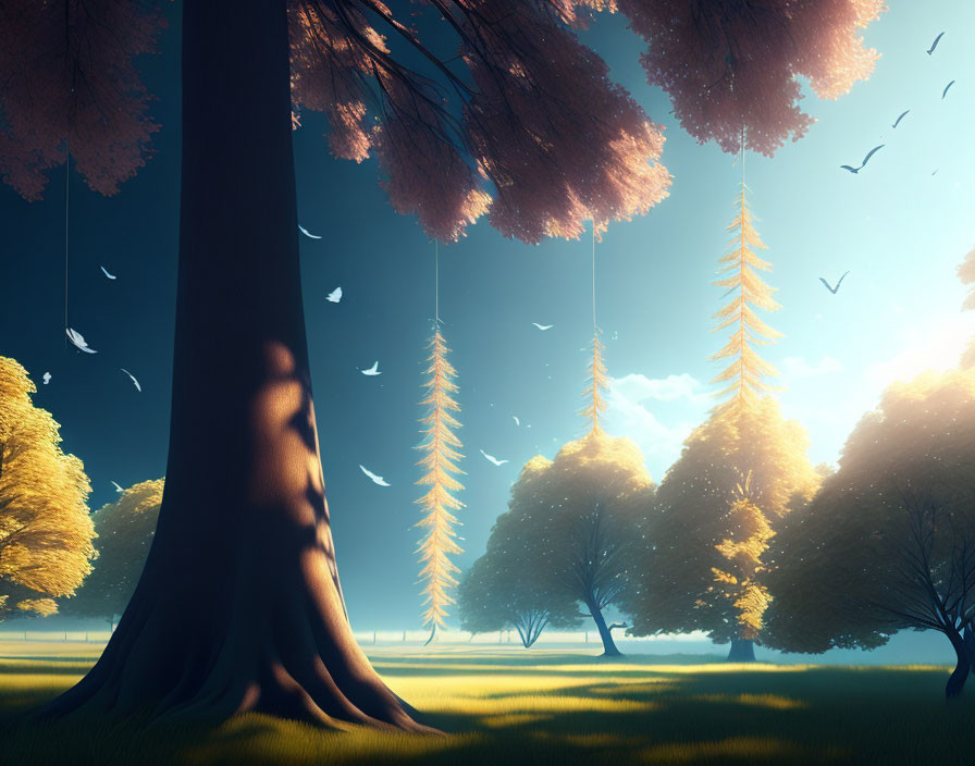 Tranquil landscape with trees, floating islands, birds, warm sky