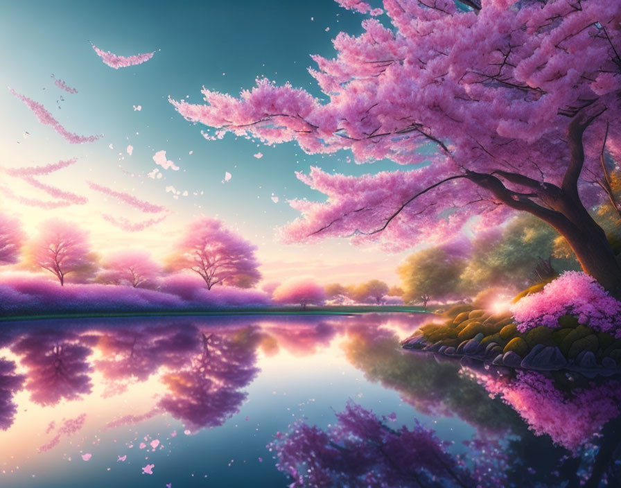 Tranquil landscape with pink cherry blossoms and calm lake at sunrise