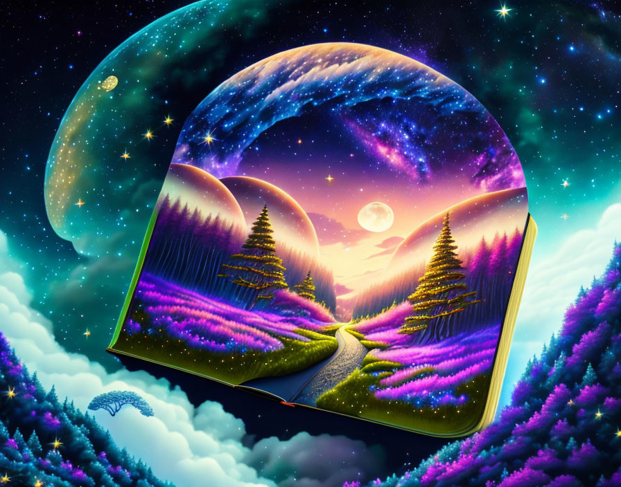 Open book displaying vibrant fantastical landscape with starry sky, colorful fields, trees, and winding road