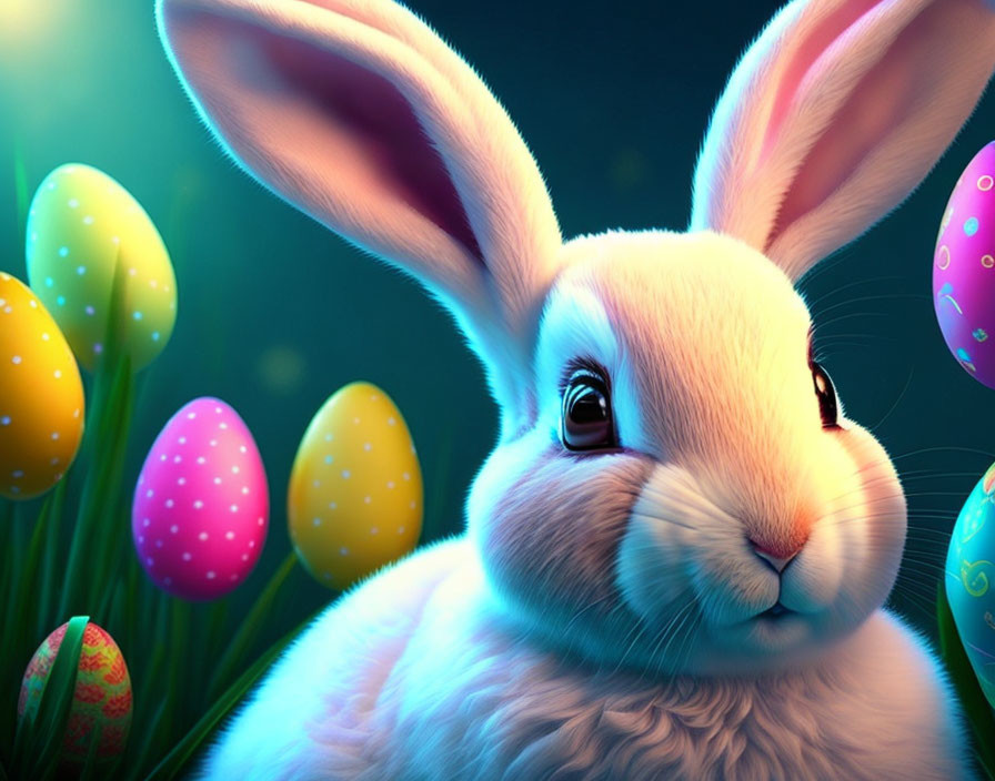 Fluffy White Bunny with Vibrant Easter Eggs Displayed