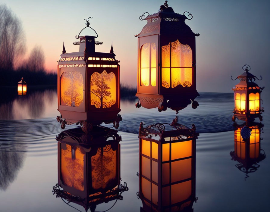 Ornate Lantern Designs Reflecting on Calm Water at Twilight