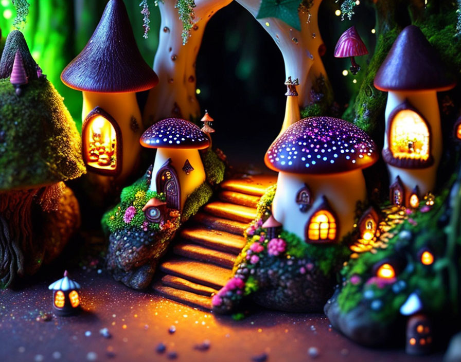 Miniature fairy houses with glowing windows in forest setting