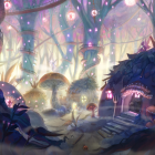 Enchanting Twilight Forest Glen with Mushroom Houses and Pink Trees