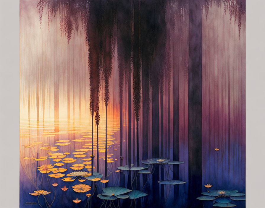 Tranquil scene with lotus flowers, wisterias, and sunset