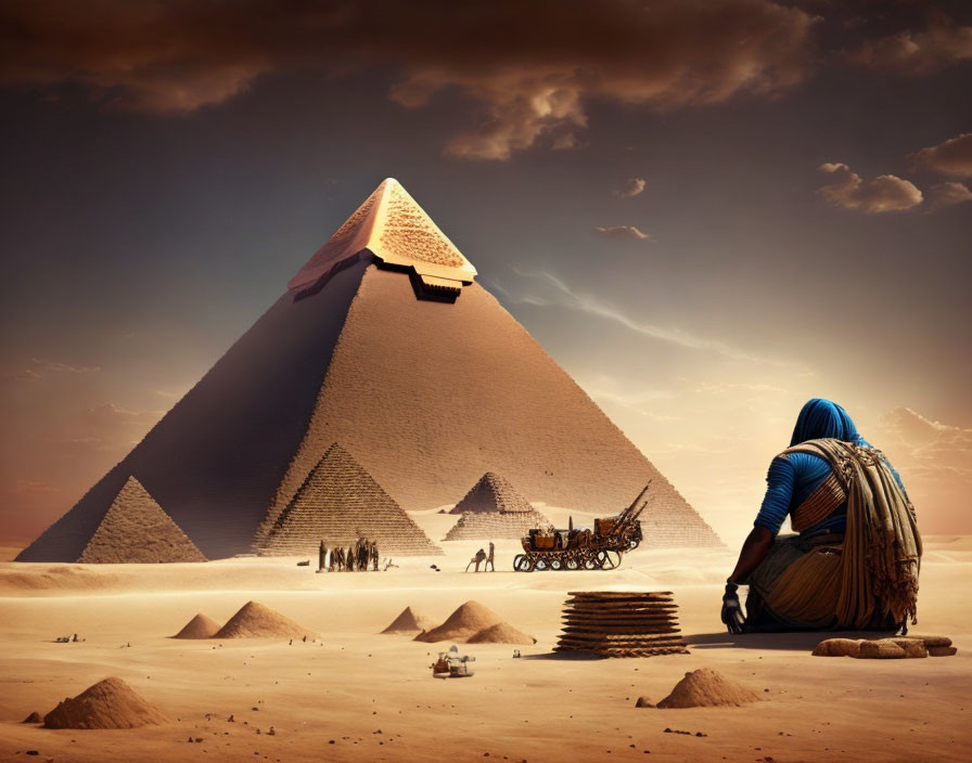 Traditional clothing figure gazes at Great Pyramid and Sphinx in desert scene