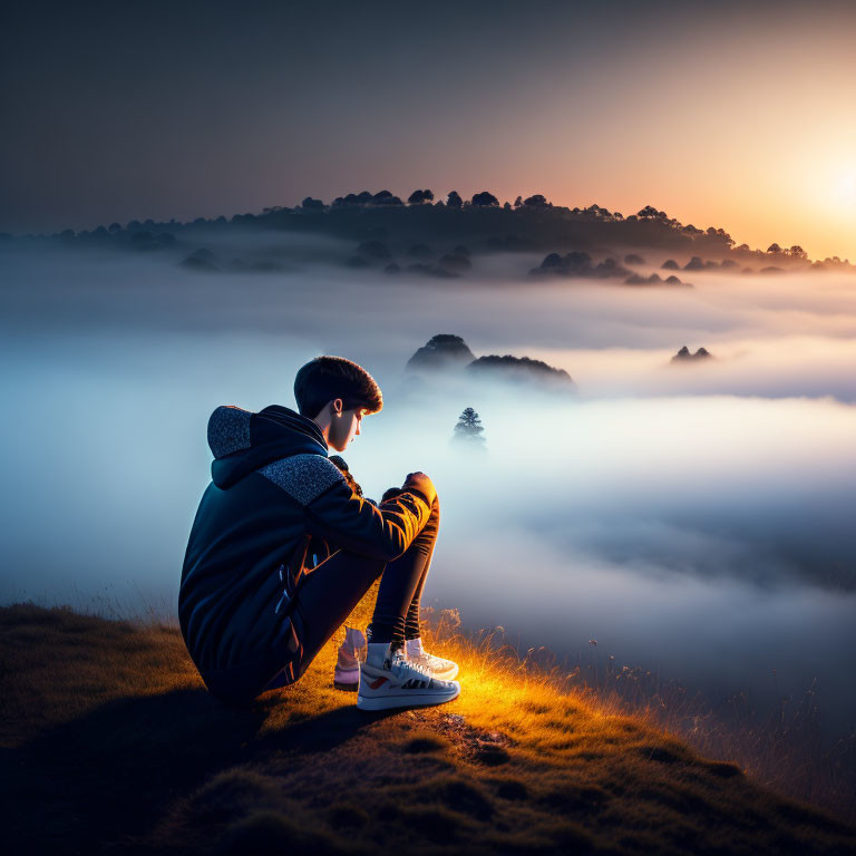 Person Contemplating Sunrise Over Foggy Sea and Treetops