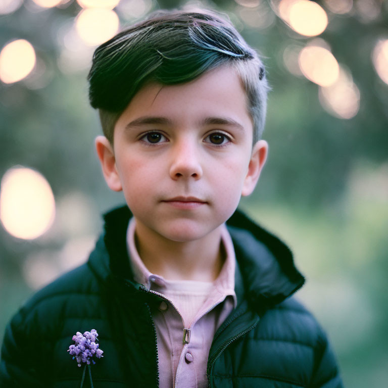 Child with Short Dark Hair Holding Purple Flower in Black Jacket