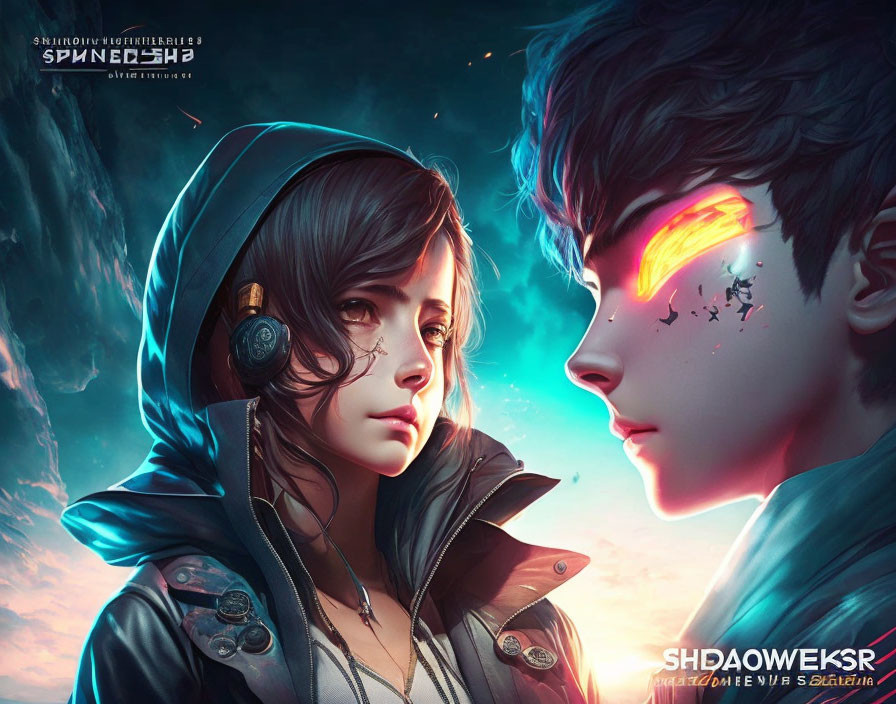 Animated characters: girl in green hood with headphones and boy with red glowing eye and futuristic markings face off