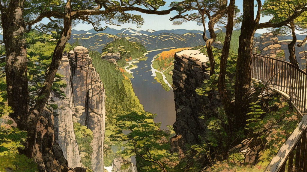 Wooden walkway along cliff edge overlooking river in forested landscape