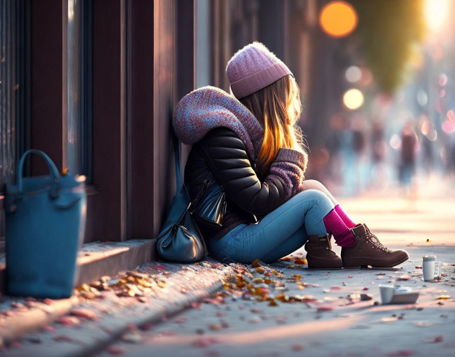 Woman sitting on sidewalk with coffee cup and bag among autumn leaves