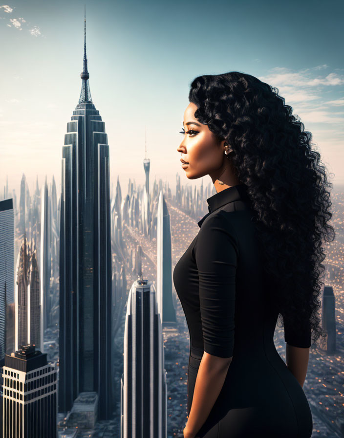 Curly-Haired Woman Gazes at Futuristic Cityscape with Skyscrapers